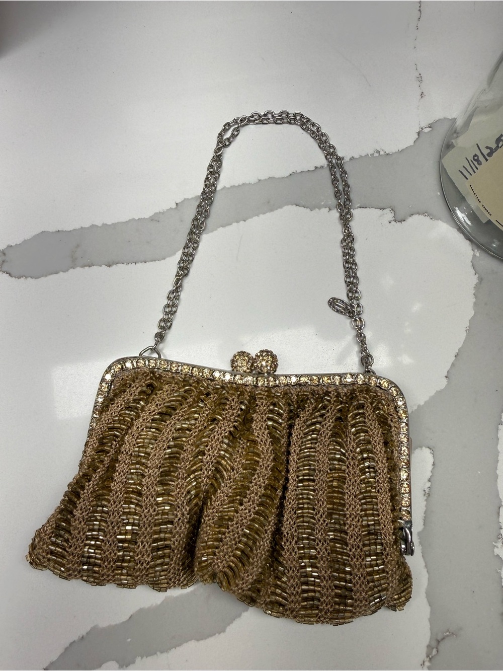 Clara Kasavina Vintage Handmade Gold
Beaded Rhinestone Kiss Closure Clutch